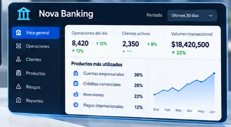 Nova Banking: Oberflächenkonzept aus der freigegebenen visuellen Richtung. Es ist kein Screenshot des Produkts.