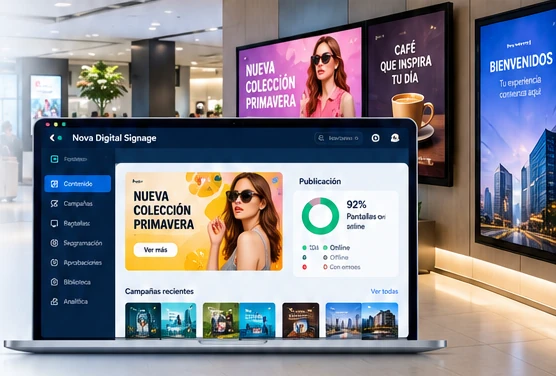 Commercial environment with digital screens and the Nova Digital Signage management console.