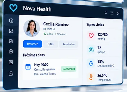 Nova Health: Oberflächenkonzept aus der freigegebenen visuellen Richtung. Es ist kein Screenshot des Produkts.